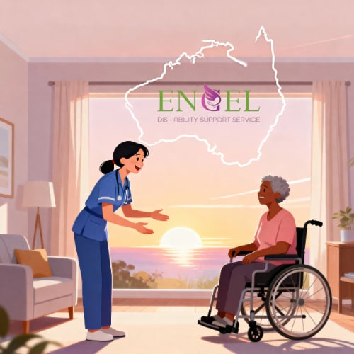 Engel House caregiver welcoming elderly client in Victoria